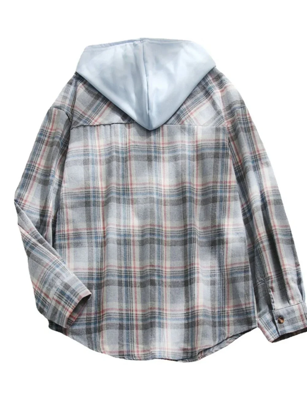 Women's Sky Blue Plaid Hooded Pullover Shirt Casual Long Sleeve Top